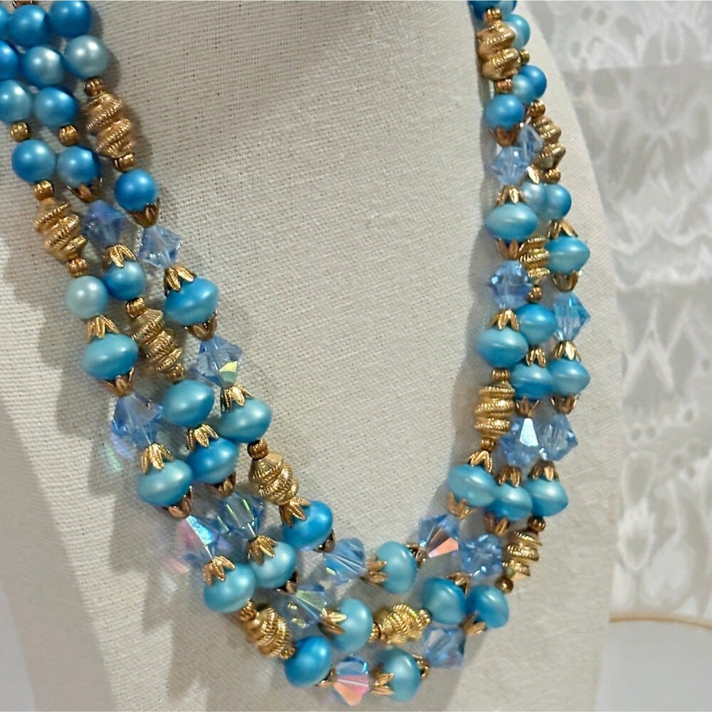 Vintage 3 Strand Necklace MCM Baby Blue Shade Beads and Gold Accents
